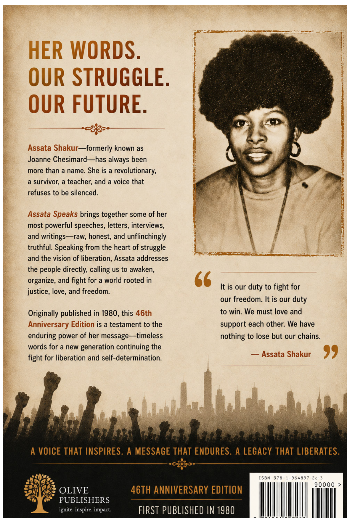 Back cover of Assata Speaks — her words, our struggle, our future